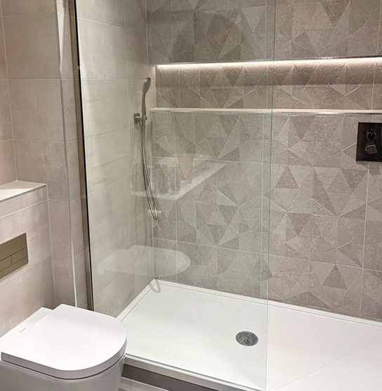 An image of a completed walk in shower wet room completed by prestige bathrooms